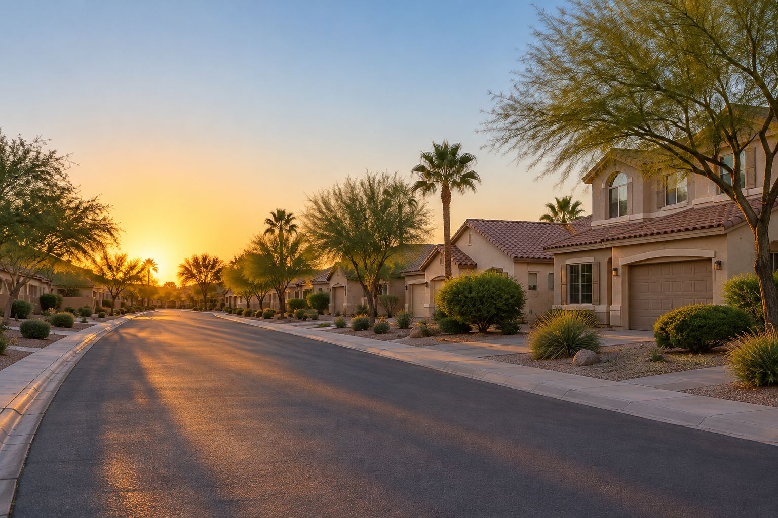 A residential street at sunset, illustrative