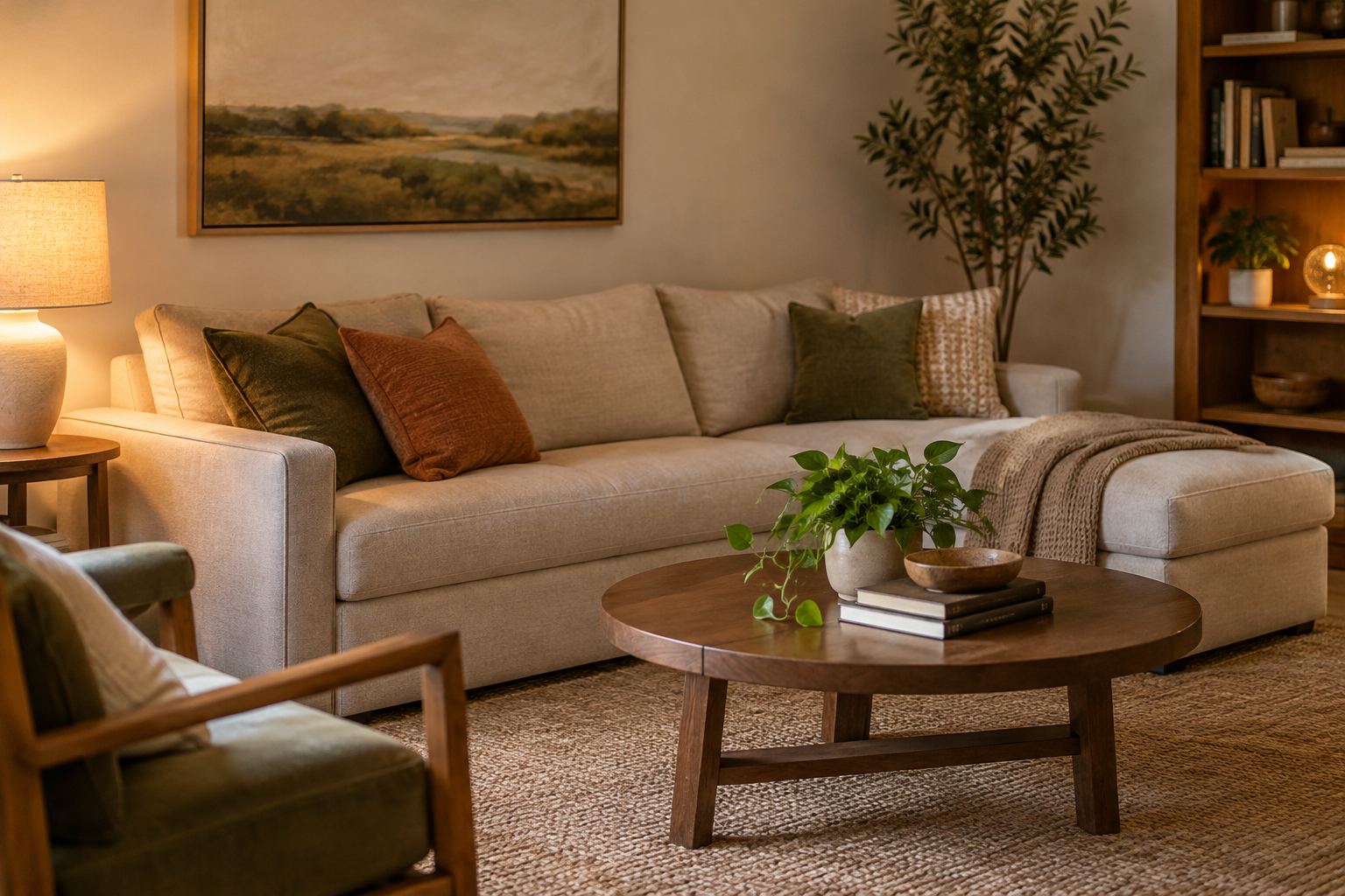 A cozy living room, illustrative